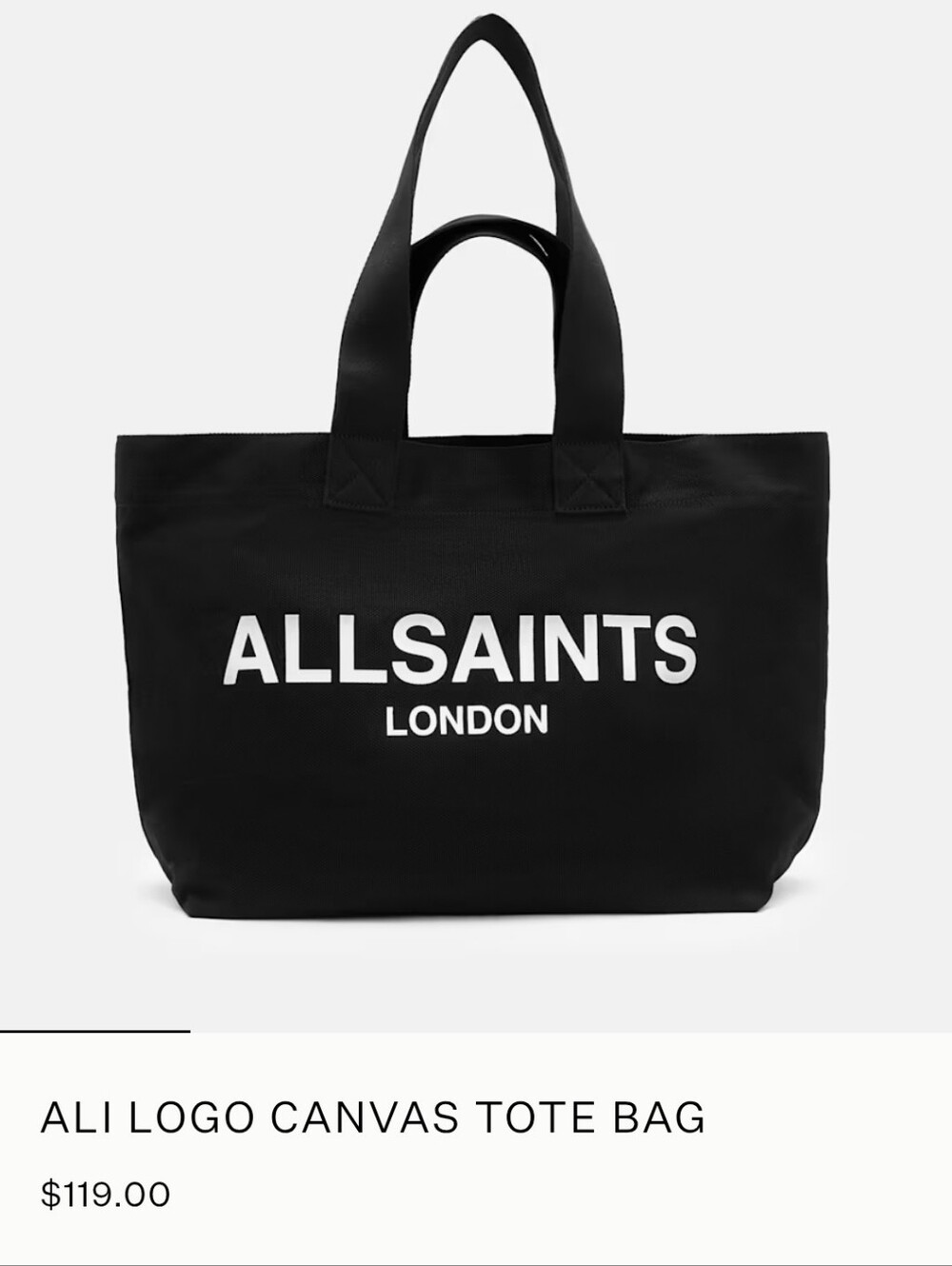All Saints Ali Black Canvas Tote Bag with White Logo